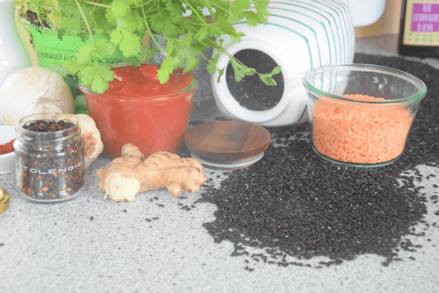 Linsensuppe, Lachs mit Pinienkerne-Salsa, Schokolade (1)