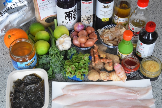 Seezunge, Ponzu, Brokkoli, Reis, Knoblauch-Mayonnaise, grüner Eistee (1)