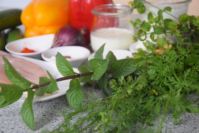Hühnerspieße mit Koriander Dip, Paprika&Gurken (1)