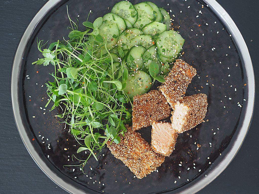 Lachs mit dukkah-kruste und gurken-chili-salat, donna hay, life in balance
