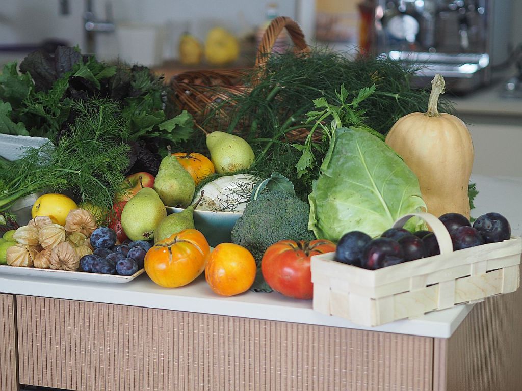 Eine Vielzahl von frischem Obst und Gemüse, darunter Birnen, Brokkoli, Tomaten, Pflaumen und Kürbis, auf einem Tisch arrangiert.