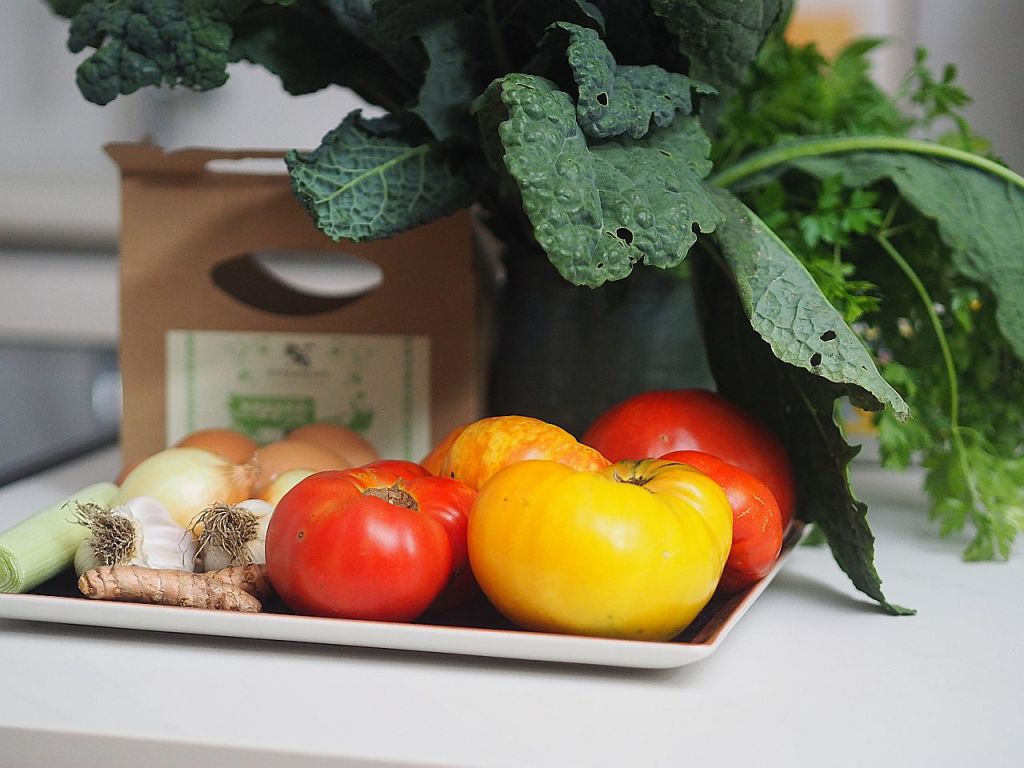 Ein Tablett mit frischem Gemüse, darunter Tomaten, Zwiebeln, Knoblauch, Ingwer und eine Auswahl an Kräutern, sowie Grünkohl im Hintergrund.
